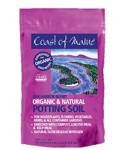 Coast of Maine OMRI Listed Bar Harbor Blend Organic Compost Potting Soil Blend for Container Gardens and Flower Pots, 8 Quart Bag