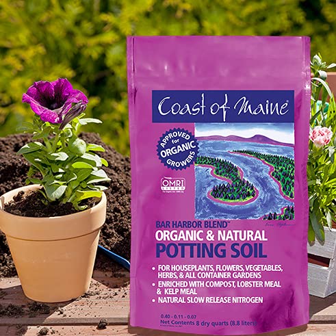 Coast of Maine OMRI Listed Bar Harbor Blend Organic Compost Potting Soil Blend for Container Gardens and Flower Pots, 8 Quart Bag