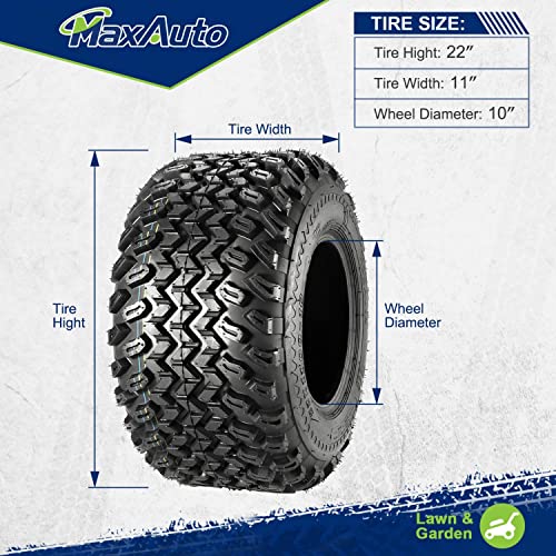 MaxAuto 22x11.00-10 Lawn Mower Tires, 22x11x10 Golf Cart Tires, 22x11-10 nhs Tires, Hilly Terrian Vehicle Tire with 15.8mm Tread Depth, 4Ply Tubeless, Set of 2