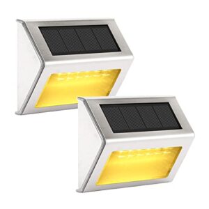2 pack solar deck lights outdoor stair lights, warm white 6 led solar step lights waterproof stainless steel fence lights solar powered outdoor lights for yard, patio, porch, wall, garden decor