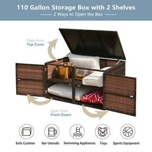 Outdoor 110 Gallon Rattan Deck Box, Wicker Patio Storage Cabinet Waterproof Storage Double Openable Door Cabinet Rattan Storage Deck Box with Lid and Separate Storage Shelf for Garden, Patio, Porch, Yard, can Store Cushions, Tools, Toys,Brown