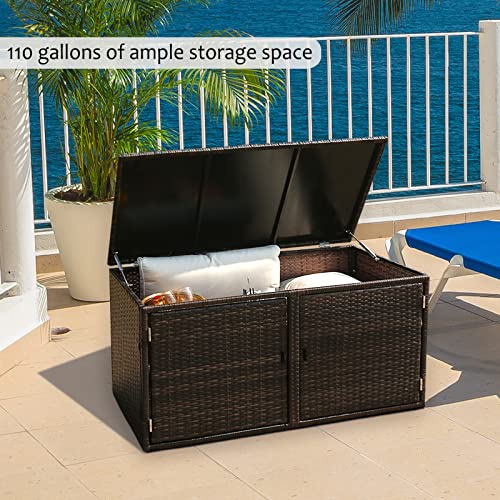Outdoor 110 Gallon Rattan Deck Box, Wicker Patio Storage Cabinet Waterproof Storage Double Openable Door Cabinet Rattan Storage Deck Box with Lid and Separate Storage Shelf for Garden, Patio, Porch, Yard, can Store Cushions, Tools, Toys,Brown