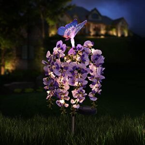 solar flowers lights outdoor ,doingart wisteria floral butterfly solar lighte with multi-color changing led solar lights for garden patio backyard pathway lawn (purple)