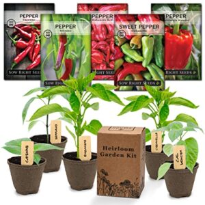 Sow Right Seeds - Heirloom Pepper Starter Kit - 5 Seed Packets, Pots, Potting Soil, Plant Markers - Start Habanero Bell Cayenne Serrano and Cubanelle Seeds Indoors - Non GMO Great Gift
