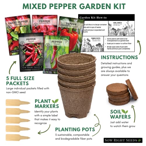 Sow Right Seeds - Heirloom Pepper Starter Kit - 5 Seed Packets, Pots, Potting Soil, Plant Markers - Start Habanero Bell Cayenne Serrano and Cubanelle Seeds Indoors - Non GMO Great Gift