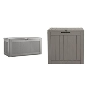 rubbermaid outdoor deck box, extra large, weather resistant, gray for lawn, garden, pool, tool storage, home organization & east oak deck box, 31 gallon indoor/outdoor storage box, grey