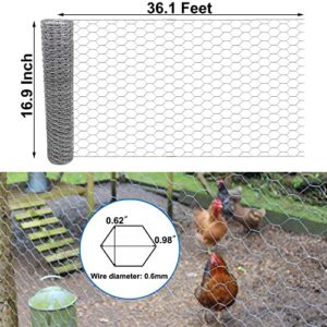 UWIOFF Chicken Wire Fencing Mesh, 16.9 Inch x 36.1 Feet Metal Chicken Wire Fence, 0.6 Inch Galvanized Hexagonal Poultry Netting Garden Fence Animal Barrier Floral Chicken Wire for Crafts Garden Rabbit