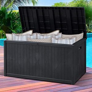 SUNVIVI OUTDOOR 120 Gallon Deck Storage Box with Hydraulic Hinge, Resin Patio Storage Bin with Lockable Lid, Waterproof Outside Storage Container for Cushions, Pool Supplies, Garden Tools, Black
