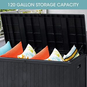 SUNVIVI OUTDOOR 120 Gallon Deck Storage Box with Hydraulic Hinge, Resin Patio Storage Bin with Lockable Lid, Waterproof Outside Storage Container for Cushions, Pool Supplies, Garden Tools, Black