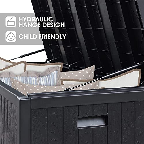 SUNVIVI OUTDOOR 120 Gallon Deck Storage Box with Hydraulic Hinge, Resin Patio Storage Bin with Lockable Lid, Waterproof Outside Storage Container for Cushions, Pool Supplies, Garden Tools, Black