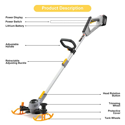 Cordless Weed Wacker String Trimmer, Electric Weed Eater Brush Cutter with 3 Types Blades, Adjustable Height Grass Trimmer/Edger for Garden and Yard (Battery & Rapid Charger Included) (Yellow)