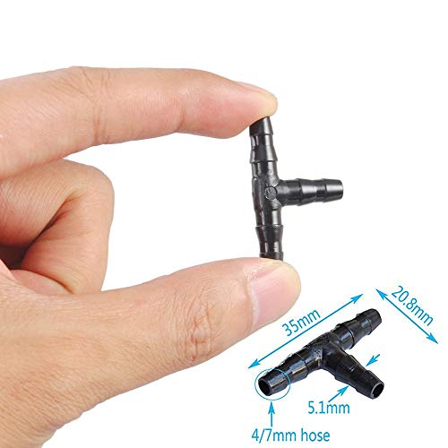 Kalolary 100pcs 1/4" Universal Barbed Tee Fittings, Barbed Connectors Drip Irrigation for 4mm/7mm Water Tube Drip Irrigation Watering System