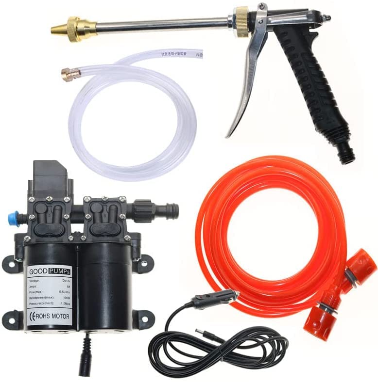 Portable Electric Pressure Washer Double Pump 12V High Pressure Powerful Washing Kit with 20 Feet Hose for Cars Home Garden