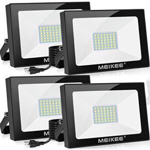 meikee 35w led flood lights outdoor, 3500lm led work light with plug, 5000k natural white security light, ip66 waterproof portable outdoor flood lighting for garage garden stadium playground (4pack)