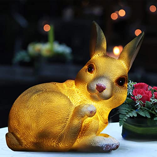 shumi Solar Garden Statue Bunny Figurine, Waterproof Resin Bunny Garden Decoration Animal Sculpture Ornaments with Solar Outdoor Light for Patio Pathway Backyard Yard Easter Decor, Warm White