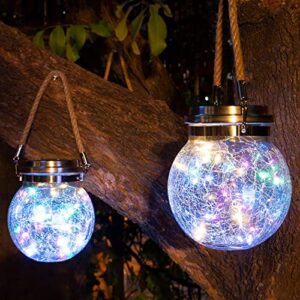 nmm hanging solar lantern outdoor with 30 led, 2 pack solar powered crackle glass ball waterproof garden lights with handle for garden balcony courtyard yard patio lawn decoration(colorful)