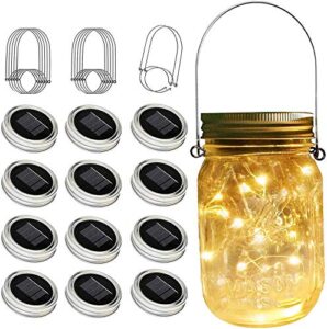 sunkite solar mason jar lights, 12 pack 30 led waterproof fairy firefly jar lids string lights with hangers(no jars), patio yard garden wedding decoration – warm white