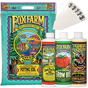 fox farm starter bundle | big bloom, grow big, tiger bloom (pack of 3-16 oz. bottles) | 12 quart ocean forest garden potting soil bag | the hydroponic city stakes