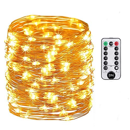 Daily-Necessities Battery Operated String Lights, 33ft 100 LED String Lights Dimmable with Remote Control for Outdoor, Bedroom, Garden, Christmas, Party, Wedding (Waterproof, Copper Wire, Warm White)