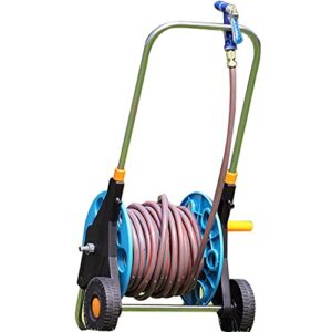zycsktl garden hose reel cart,portable garden hose storage rack with rollers, household wall cleaning hose cart, telescopic rod (color : blue, size : +dn15 50m red pipe)