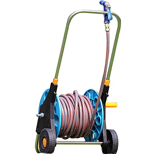 ZYCSKTL Garden Hose Reel Cart,Portable Garden Hose Storage Rack with Rollers, Household Wall Cleaning Hose Cart, Telescopic Rod (Color : Blue, Size : +DN15 50m red Pipe)