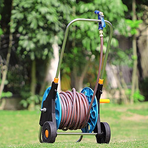 ZYCSKTL Garden Hose Reel Cart,Portable Garden Hose Storage Rack with Rollers, Household Wall Cleaning Hose Cart, Telescopic Rod (Color : Blue, Size : +DN15 50m red Pipe)