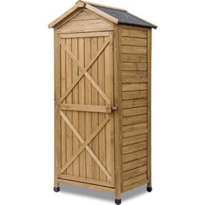 outdoor storage shed, wood shed with 2 shelves inside and folding workstation, storage buildings and sheds with adjustable legs and tilted asphalt roof, utility and tool storage for garden, backyard