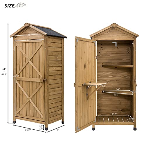 Outdoor Storage Shed, Wood Shed with 2 Shelves Inside and Folding Workstation, Storage Buildings and Sheds with Adjustable Legs and Tilted Asphalt Roof, Utility and Tool Storage for Garden, Backyard