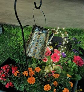 solar watering can decor lights, hanging garden ornament lighting your garden, flower pattern metal lantern weatherproof yard art ideal mother’s day, birthdays, christmas, pathway lights, bronze