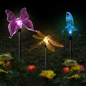 butterfly solar garden lights, 3 pack hummingbird dragonfly solar garden stake light, multi-color changing solar powered decorative landscape lighting for outdoor path, yard, lawn, patio