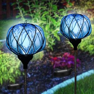 2 pack garden solar lights pathway outdoor,blue crackle glass heart stake metal lights,garden decor light waterproof solar stake lights for lawn patio yard