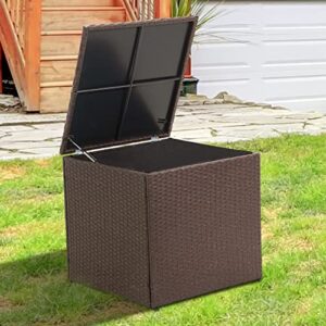 mirafit aluminum frame deck box, 73 gallon rattan wicker outdoor patio storage box waterproof, outside storage bin for patio furniture covers, cushion pillows, towels, garden tools, toys, brown