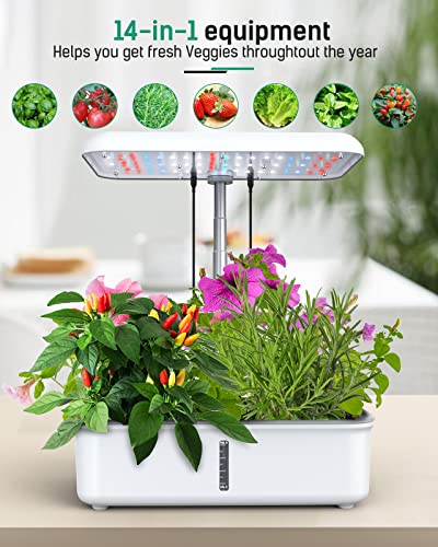 WiFi 14 Pods Hydroponics Growing System, Smart Hydro Indoor Herb Garden with LED Grow Light Up to 20.6", Automatic Timer, Plants Germination Kit with Pump System for Home Kitchen Gardening(White)