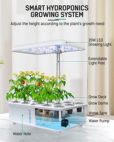 WiFi 14 Pods Hydroponics Growing System, Smart Hydro Indoor Herb Garden with LED Grow Light Up to 20.6", Automatic Timer, Plants Germination Kit with Pump System for Home Kitchen Gardening(White)