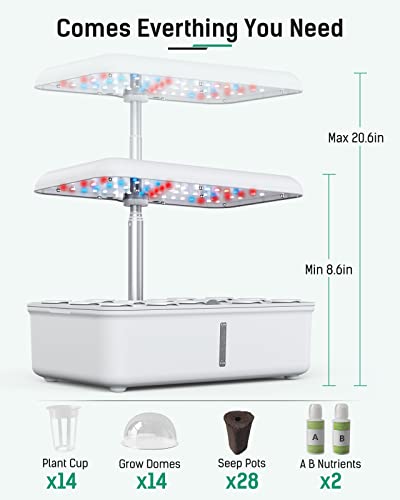 WiFi 14 Pods Hydroponics Growing System, Smart Hydro Indoor Herb Garden with LED Grow Light Up to 20.6", Automatic Timer, Plants Germination Kit with Pump System for Home Kitchen Gardening(White)