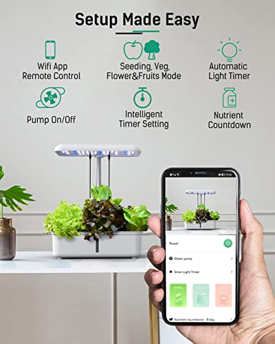 WiFi 14 Pods Hydroponics Growing System, Smart Hydro Indoor Herb Garden with LED Grow Light Up to 20.6", Automatic Timer, Plants Germination Kit with Pump System for Home Kitchen Gardening(White)