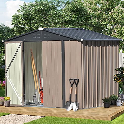 INLIFE Patio 8ft x6ft Bike Shed Garden Shed, Metal Storage Shed with Lockable Doors, Tool Cabinet with Vents and Foundation Frame for Backyard, Lawn, Garden, Brown