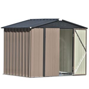 INLIFE Patio 8ft x6ft Bike Shed Garden Shed, Metal Storage Shed with Lockable Doors, Tool Cabinet with Vents and Foundation Frame for Backyard, Lawn, Garden, Brown