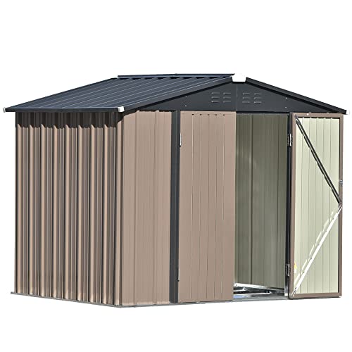 INLIFE Patio 8ft x6ft Bike Shed Garden Shed, Metal Storage Shed with Lockable Doors, Tool Cabinet with Vents and Foundation Frame for Backyard, Lawn, Garden, Brown