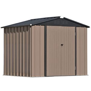 INLIFE Patio 8ft x6ft Bike Shed Garden Shed, Metal Storage Shed with Lockable Doors, Tool Cabinet with Vents and Foundation Frame for Backyard, Lawn, Garden, Brown