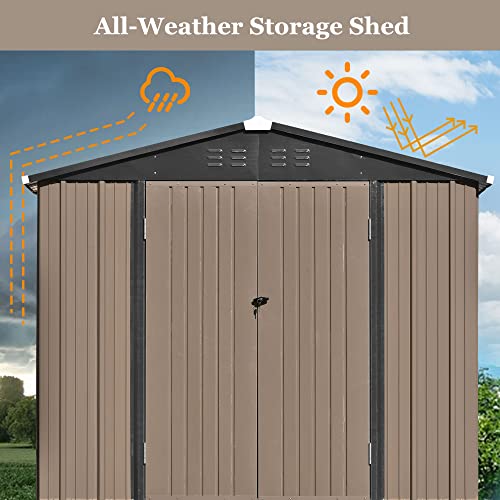 INLIFE Patio 8ft x6ft Bike Shed Garden Shed, Metal Storage Shed with Lockable Doors, Tool Cabinet with Vents and Foundation Frame for Backyard, Lawn, Garden, Brown