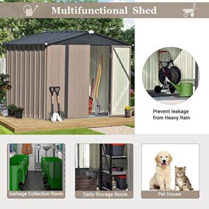 INLIFE Patio 8ft x6ft Bike Shed Garden Shed, Metal Storage Shed with Lockable Doors, Tool Cabinet with Vents and Foundation Frame for Backyard, Lawn, Garden, Brown