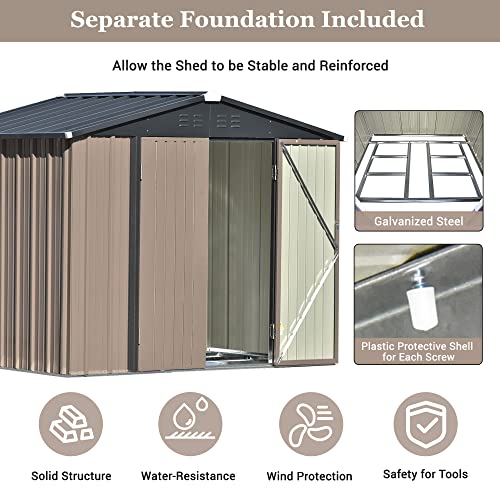 INLIFE Patio 8ft x6ft Bike Shed Garden Shed, Metal Storage Shed with Lockable Doors, Tool Cabinet with Vents and Foundation Frame for Backyard, Lawn, Garden, Brown