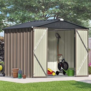 INLIFE Patio 8ft x6ft Bike Shed Garden Shed, Metal Storage Shed with Lockable Doors, Tool Cabinet with Vents and Foundation Frame for Backyard, Lawn, Garden, Brown