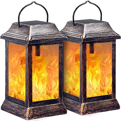 TomCare Solar Lights Metal Flickering Flame Solar Lantern Outdoor Hanging Lanterns Lighting Heavy Duty Solar Powered Waterproof LED Flame Lights for Patio Garden Yard Christmas, 2 Pack (Bronze)