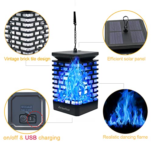 Arzerlize Blue Solar Christamas Lights Outdoor Waterproof 99LED Lantern, USB or Solar Powered Hanging Solar Outdoor Lights Flickering Flame Deck Light Garden Decoration Yard Patio Landscape Blue 2P