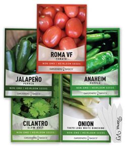 heirloom salsa growing seed packets, roma vf tomato, jalapeno, cilantro, anaheim and onion seeds for garden non gmo 5 free plant markers gardeners basics