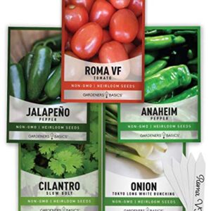 Heirloom Salsa Growing Seed Packets, Roma VF Tomato, Jalapeno, Cilantro, Anaheim and Onion Seeds for Garden Non GMO 5 Free Plant Markers Gardeners Basics