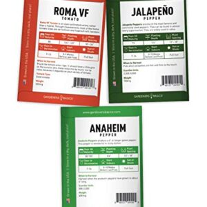 Heirloom Salsa Growing Seed Packets, Roma VF Tomato, Jalapeno, Cilantro, Anaheim and Onion Seeds for Garden Non GMO 5 Free Plant Markers Gardeners Basics