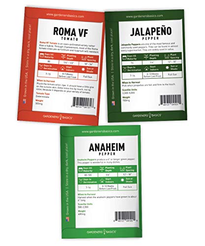 Heirloom Salsa Growing Seed Packets, Roma VF Tomato, Jalapeno, Cilantro, Anaheim and Onion Seeds for Garden Non GMO 5 Free Plant Markers Gardeners Basics